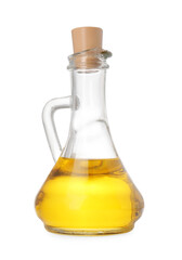 Glass jug of cooking oil isolated on white