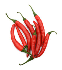 Red hot chili peppers isolated on white, top view