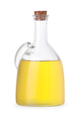 Glass jug of cooking oil isolated on white