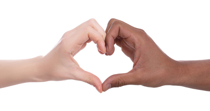 International relationships. People making heart with hands on white background, closeup