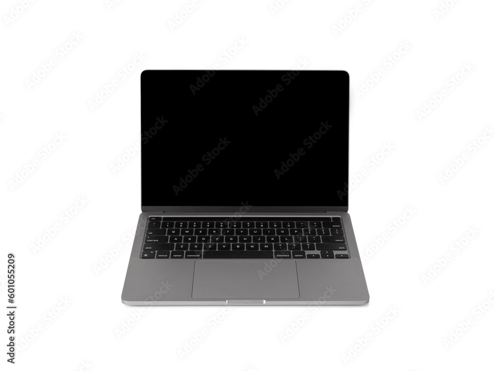 Poster Photo of realistic modern laptop open with white screen isolated on white background