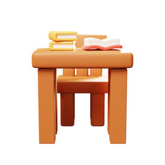 Wooden school desk table and chair with books. 3d cute cartoon. Office desk, classroom table