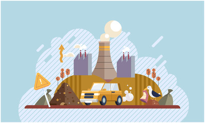 Air, water and soil pollution by industrial production. Working plant, factory emitting smoke through chimneys, pouring toxic waste chemicals through pipes, environmental problem, harmful manufacture
