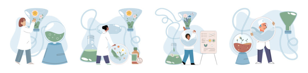 Homeopathy and herbal remedies set. Medical research laboratory diagnostics. Homeopathic treatment and phytotherapy. Traditional herb recipes of alternative medicine. Medicine pharmacy. Herbal pills