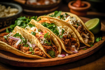 Tacos. Crispy flour and corn tortillas filled with sausage, cheese, salsa and guacamole. Classic Tex-Mex or Mexican restaurant entrée favorite. Ai generative