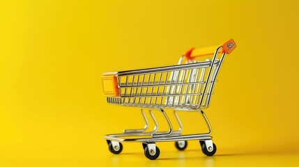 Shopping concept with shopping cart on yellow background