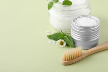 Fototapeta na wymiar Toothbrush, dental products and herbs on light olive background, closeup. Space for text