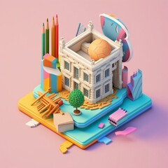 Back to school isometric art, building and pencils, creativity, dreamy summer colors Generative AI