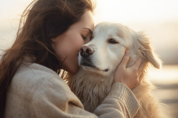 Close-up of a woman showing affection while petting her dog, generative ai