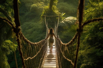 Woman crossing a suspension bridge in the jungle, exotic trip and lifestyle, generative ai - obrazy, fototapety, plakaty