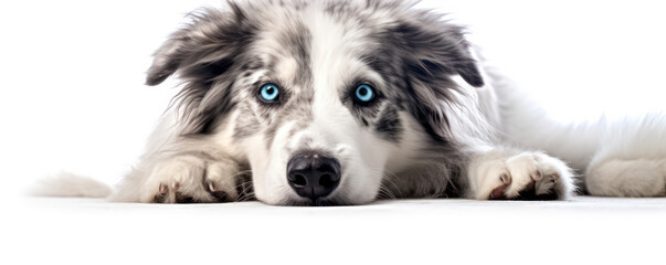 Blue Merle Border Collie with blue eyes lying down, looking at the camera, generative ai