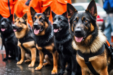 Formation of police dogs, trained for rescue missions and drug detection, generative ai