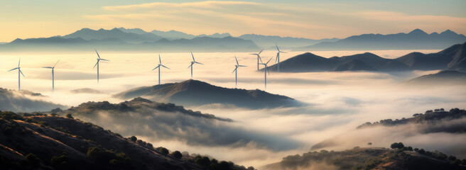 Wind turbines of a wind farm set atop a mountain, generative ai