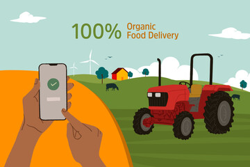 Smart farming design template. Human hand-holding smartphone with done tick mark tractor plowing an agricultural field. Innovation technology in agriculture. Farmland vector illustration
