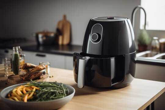 Air fryer kitchen tool surrounded by food. 