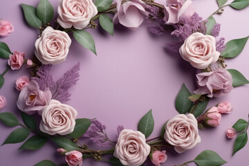 Obraz na płótnie Canvas Flowers composition. Wreath made of purple and pink flowers on pastel purple background. Flat lay, top view, copy space. Generative AI