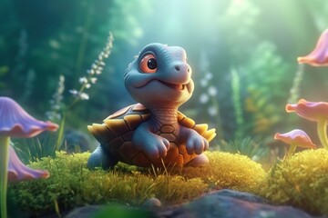 a cute adorable baby turtle in nature rendered in the style of children-friendly cartoon animation fantasy style  created by AI