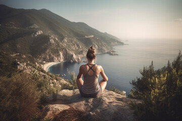 Back view of woman in deep meditation on mountain peak - Generative Ai