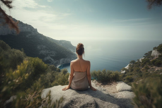 Back view of female meditating in nature with beautiful view - Generative Ai