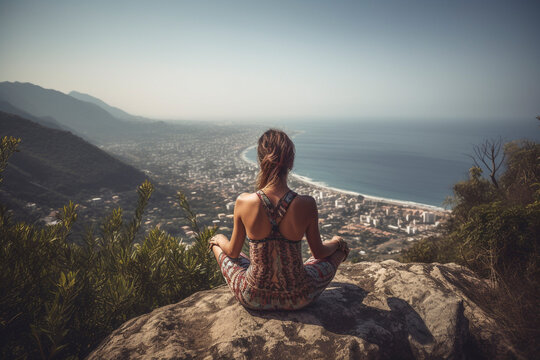 Back view of woman in deep meditation on mountain peak - Generative Ai
