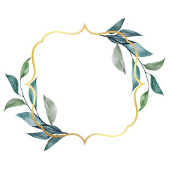 Golden frame with watercolor leaf