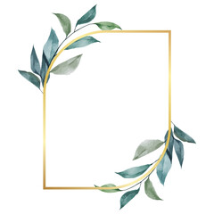 Golden frame with watercolor leaf