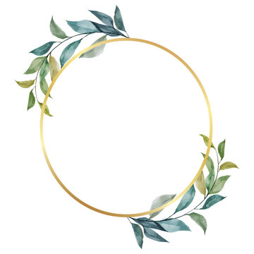 Golden frame with watercolor leaf