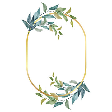 Golden frame with watercolor leaf