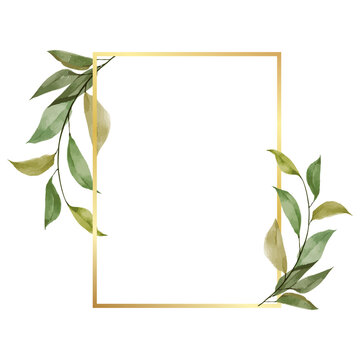 Golden frame with watercolor leaf
