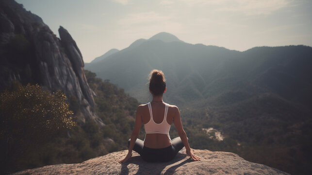Back view of beautiful woman meditating on mountain top - Generative Ai