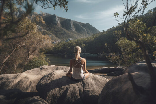 Photo from behind of girl delving into the transformative power of mountain meditation - Generative AI