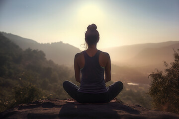 Back view of beautiful girl immersing herself in mountain meditation bliss - Generative AI