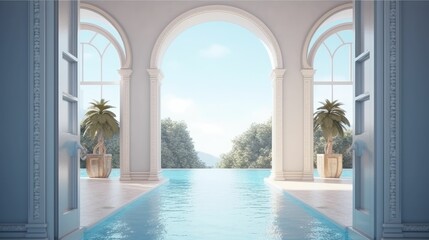 Luxury outdoor pool entrance arch with grey walls