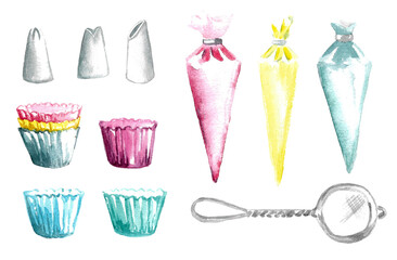 A set of items for decorating sweet cakes. Multi-colored molds, bags with multi-colored cream and nozzles, a strainer for powdered sugar.
Watercolor illustration by hand on a white background.