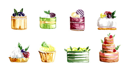 set of fruit desserts. homemade cakes, cupcakes and biscuit and holiday cakes decorated with summer berries, fruits and citruses with cream of different colors. watercolor freehand illustration 