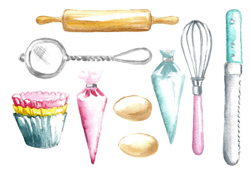 A set of tools for the home coder. Cream sacks and a metal sieve, multi-colored cupcake molds and a whisk with a pink handle, a wooden rolling pin and eggs. Hand drawn watercolor illustration 