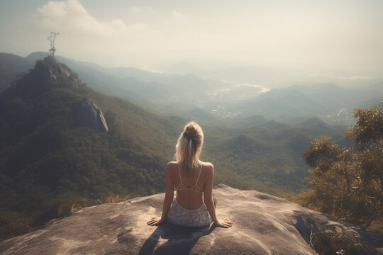 Unrecognizable stunning woman discovering inner peace in mountain meditation - Generative AI