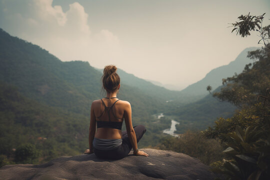 Photo from behind of female capturing the serenity of mountain meditation - Generative AI