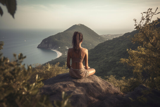Photo from behind of lady experiencing inner tranquility through mountain meditation - Generative AI