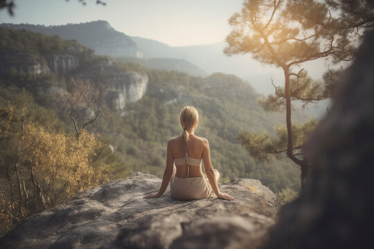 Back view of beautiful girl discovering serenity through mountain meditation - Generative AI