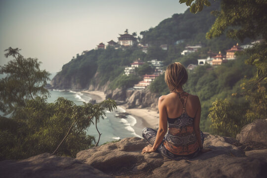 Photo from behind of female experiencing inner peace through mountain meditation - Generative AI