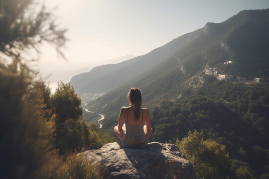 Photo from behind of lady in mindful meditation, captivated by mountain vista - Generative AI