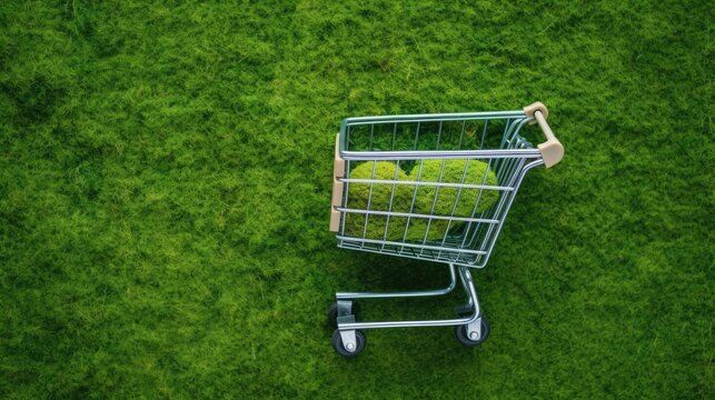 Top view of shopping cart on green grass moss background