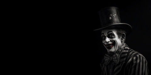 Black and white photorealistic studio portrait of a creepy clown on black background. Generative AI illustration