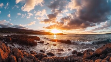 Obraz premium Beautiful sunrise on rocky shore and dramatic sky clouds