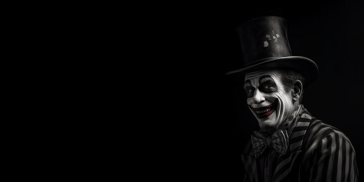 Black and white photorealistic studio portrait of a creepy clown on black background. Generative AI illustration