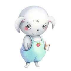 Cute cartoon character hare. Children's watercolor illustration on a white background for the design of cards, invitations, scrapbooking.