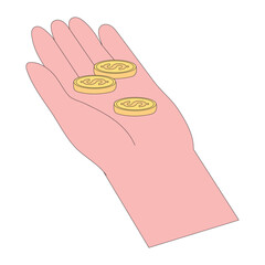 Hands gesture vector illustration. Character hand holding money, golden usd coin, change, make donations, paying, counting, giving currency and other financial activity. Finance occupations concept.