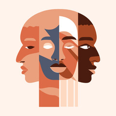 mix face different color abstract illustration, racial equality, diversity and against discrimination - obrazy, fototapety, plakaty