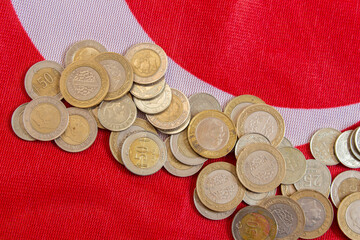 Turkish lira coins on a flag of Turkey